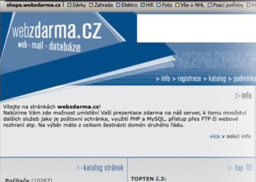 Původní modrý vzhled webu Webzdarma.cz