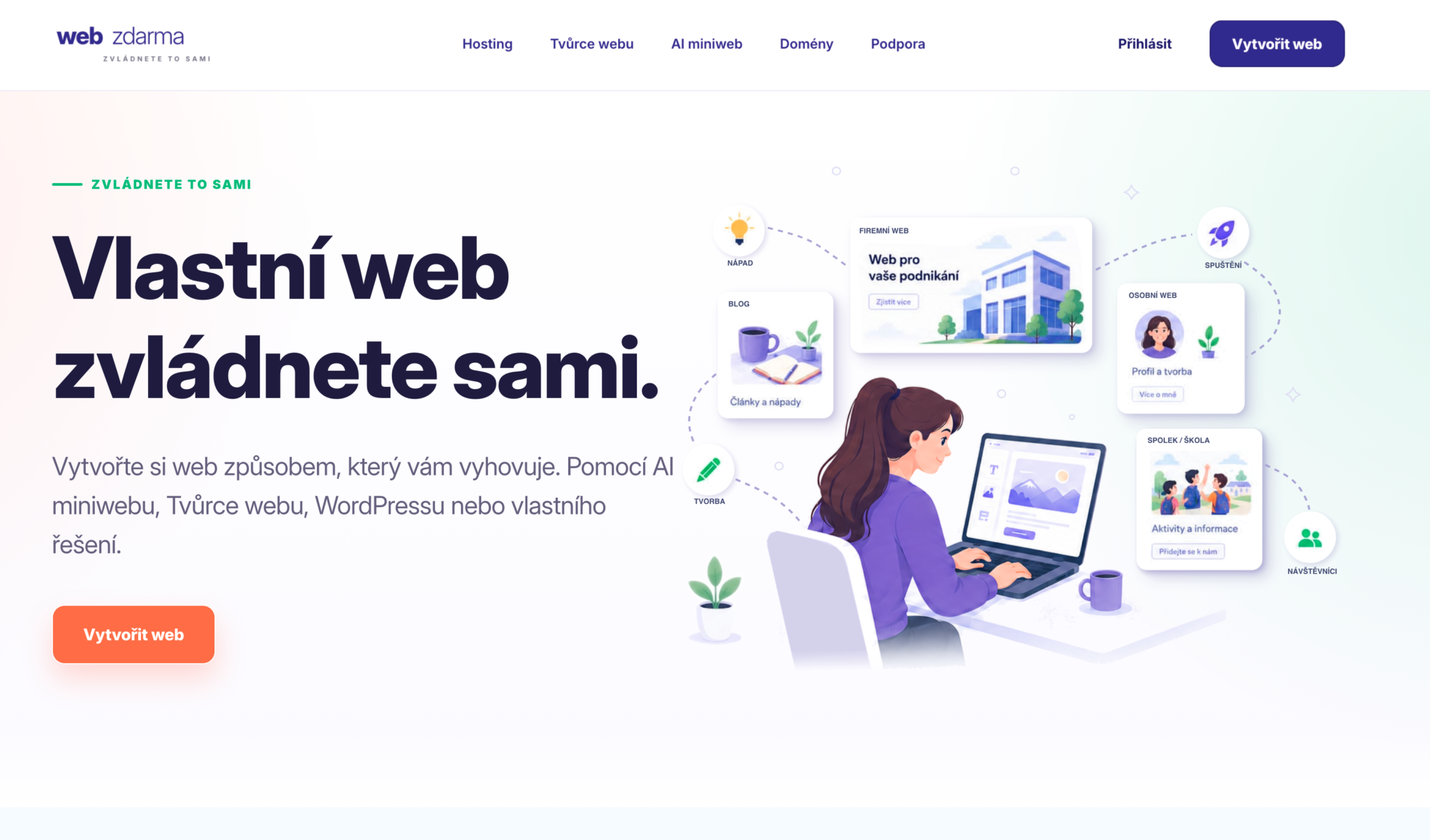 Současný vzhled Webzdarma.cz s nabídkou tvorby vlastního webu