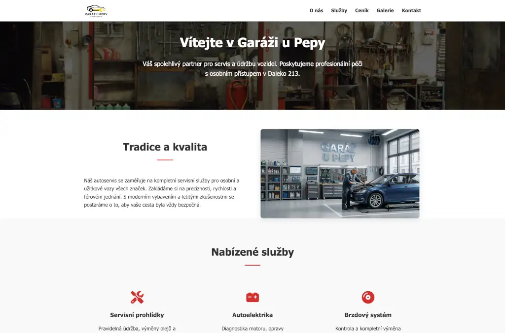 Ukázka webu autoservisu s nabídkou služeb