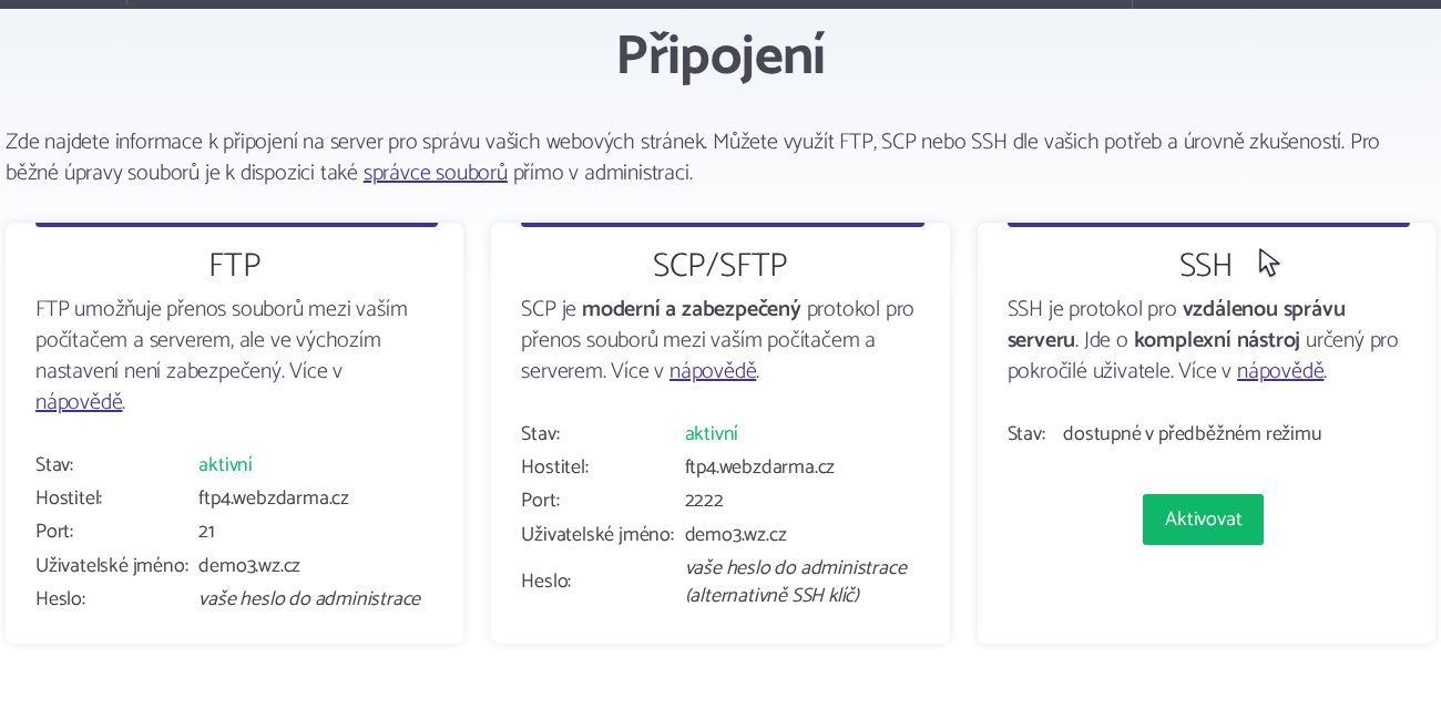Stránka Připojení v administraci s údaji pro FTP