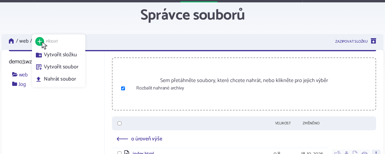 Správce souborů v administraci: nabídka Přidat s položkou Nahrát soubor