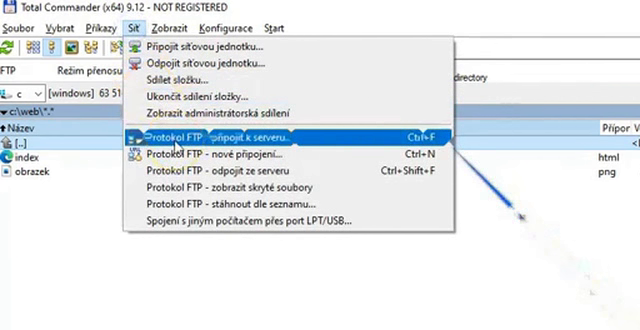Total Commander: menu Síť, položka Protokol FTP - připojit k serveru