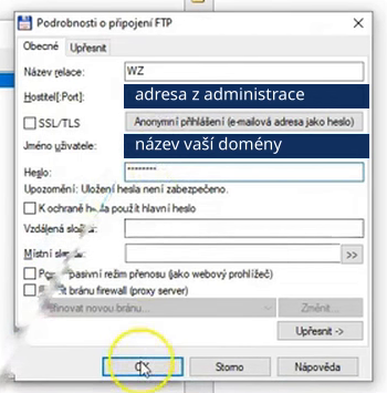Total Commander: okno Podrobnosti o připojení FTP s polem Hostitel, Jméno uživatele a Heslo