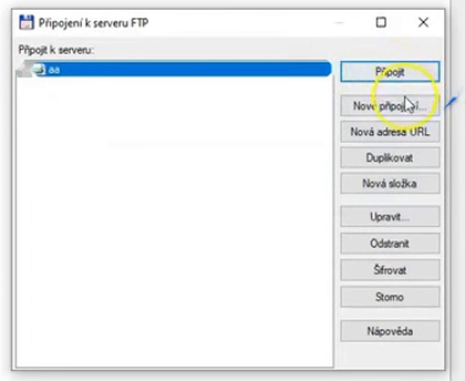 Total Commander: okno Připojení k serveru FTP s tlačítkem Nové připojení